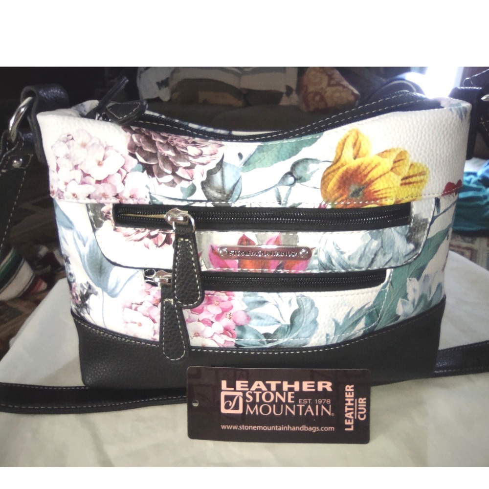 Stone Mountain Leather Floral Print Shoulder Bag Women Black Zip Multi Pockets